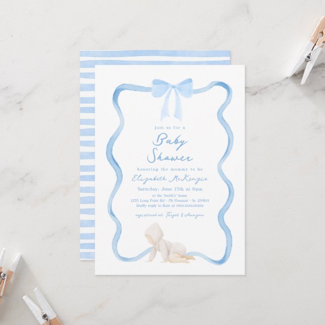 Whimsical Hand Drawn Blue Bow Boy Baby Shower Invitation (Front/Back In Situ)