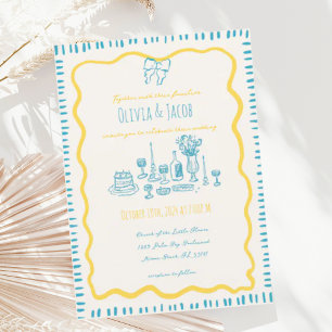 Whimsical Hand Drawn Blue Bow Wavy Wedding Invitation