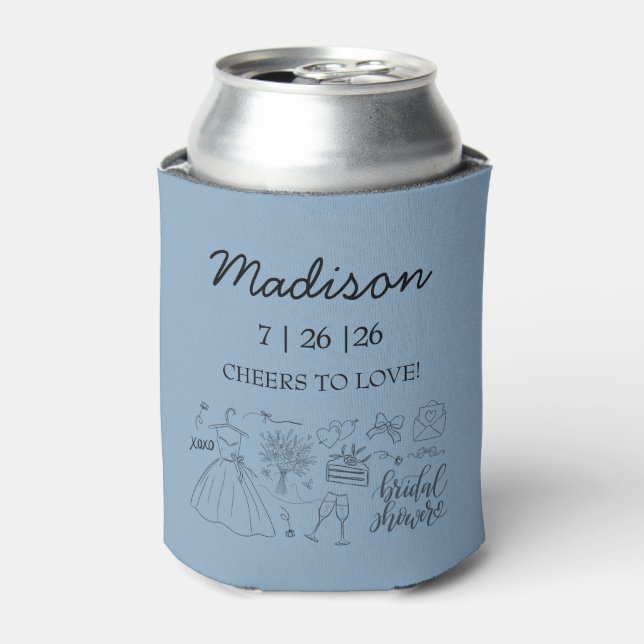 Whimsical Hand Drawn Blue Bridal Shower Can Cooler (Can Front)