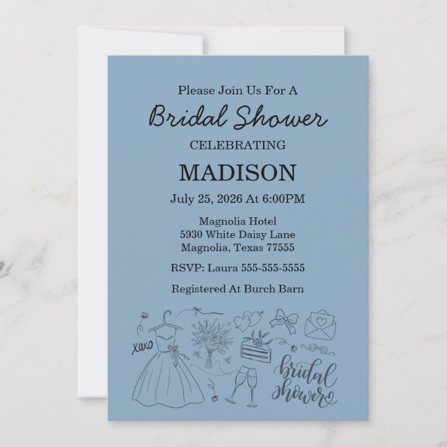 Whimsical Hand Drawn Blue Bridal Shower Invitation (Front)