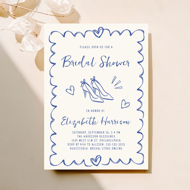 Whimsical Hand Drawn Blue Cream Bridal Shower Invitation (Whimsical hand drawn bridal shower invitation to set the tone for an unforgettable event)