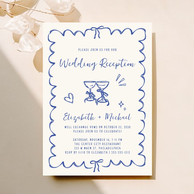 Whimsical Hand Drawn Blue Cream Wedding Reception Invitation (Fun reception invitation featuring whimsical hand drawn wine glasses with hearts + coquette bows)