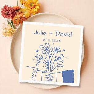 Whimsical Hand Drawn Blue Floral Wedding Napkin