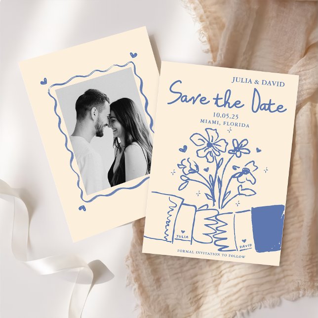 Whimsical Hand Drawn Blue Floral Wedding Save The Date (Creator Uploaded)