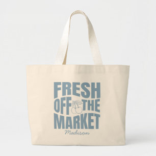 Whimsical Hand Drawn Blue Fresh Off The Market Large Tote Bag