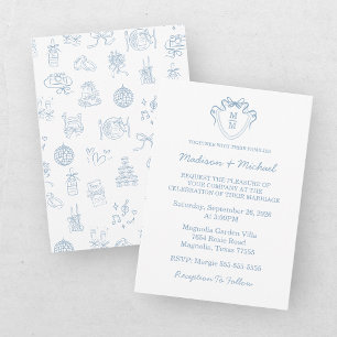 Whimsical Hand Drawn Blue Illustrated Wedding Invitation