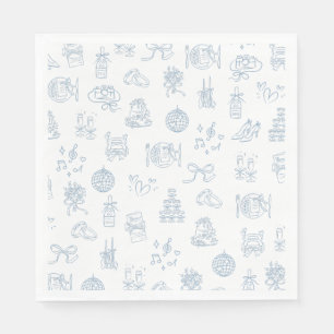 Whimsical Hand Drawn Blue Illustrated Wedding Napkin