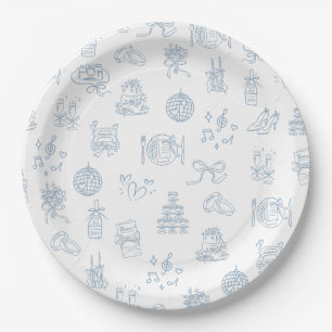 Whimsical Hand Drawn Blue Illustrated Wedding Paper Plate