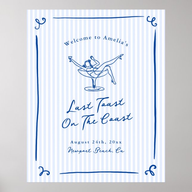 Whimsical Hand Drawn Blue Last Toast on the Coast Poster (Front)