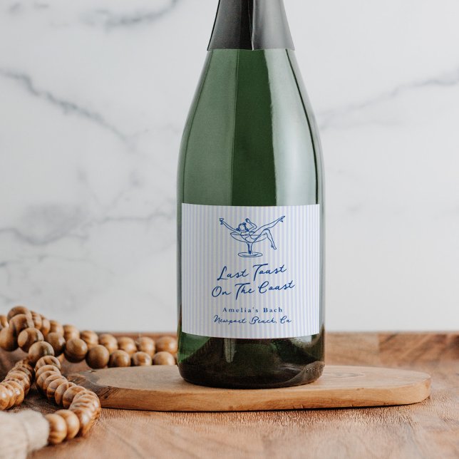 Whimsical Hand Drawn Blue Last Toast on the Coast Sparkling Wine Label (Creator Uploaded)
