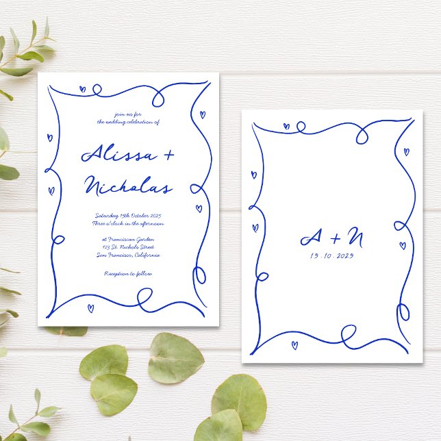 Whimsical Hand Drawn Blue Monogram Wedding Invitation (Creator Uploaded)