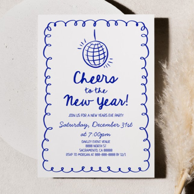 Whimsical Hand Drawn Blue New Years Eve Party Invitation (Creator Uploaded)