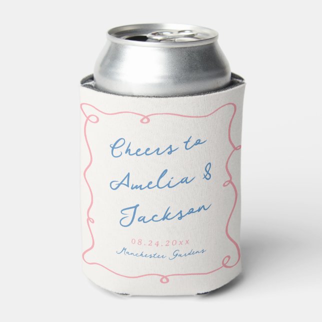 Whimsical Hand Drawn Blue & Pink Wedding Can Cooler (Can Front)