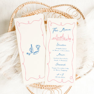 Whimsical Hand Drawn Blue & Pink Wedding Menu