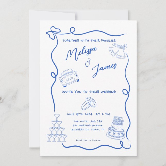 Whimsical Hand Drawn Blue Quirky Wedding Invitation (Front)