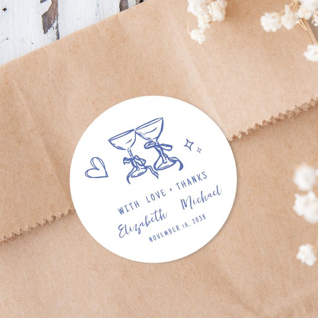 Whimsical Hand Drawn Blue Wedding Thank You Classic Round Sticker (Whimsical Hand Drawn Blue Wedding Thank You Classic Round Sticker)
