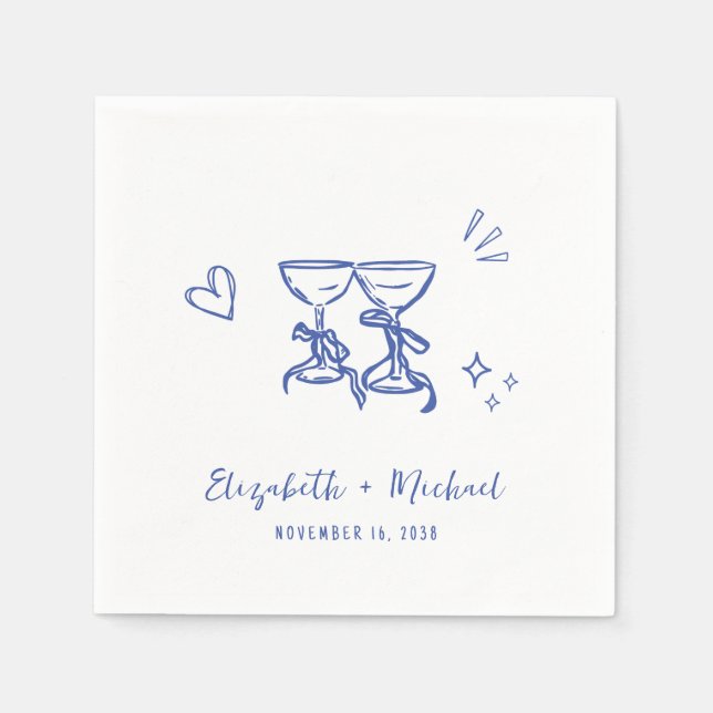 Whimsical Hand Drawn Blue Wine Glasses Wedding Napkin (Front)