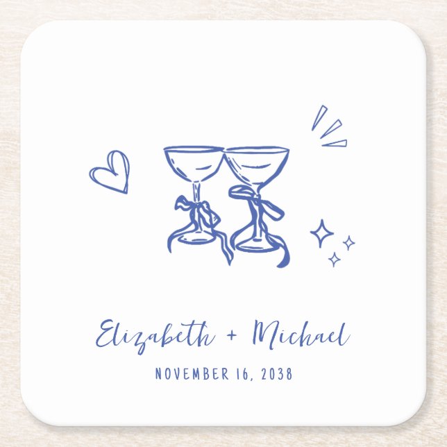 Whimsical Hand Drawn Blue Wine Glasses Wedding Square Paper Coaster (Front)