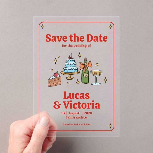 Whimsical Hand Drawn Bold Red Save the Date Acrylic Invitations (Insitu (Handheld))