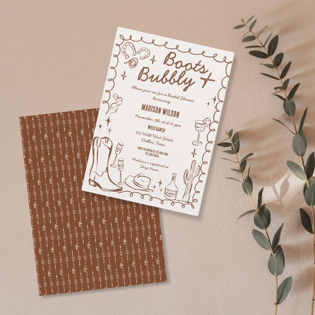 Whimsical Hand Drawn Boots & Bubbly Western Invitation (hand drawn wild west doodle bridal shower invitation in terracotta color)
