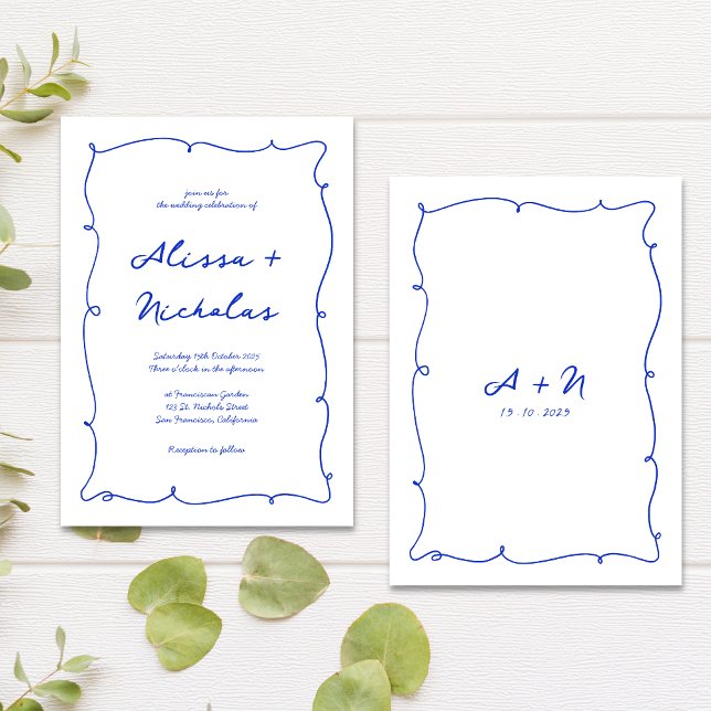 Whimsical Hand Drawn Border Blue Monogram Wedding Invitation (Creator Uploaded)