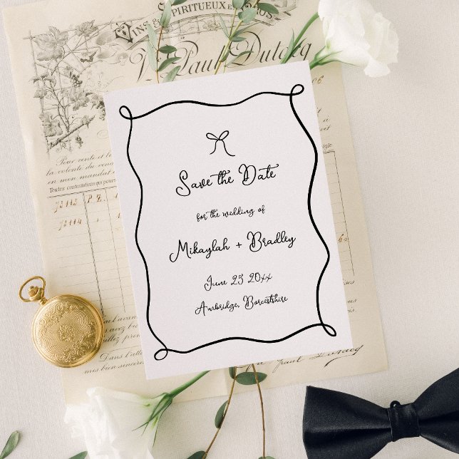 Whimsical Hand Drawn Bow Black & White Wedding Save The Date (Creator Uploaded)