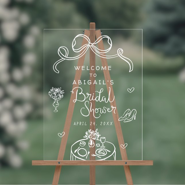 Whimsical Hand Drawn Bow Bridal Shower Welcome Acrylic Sign (Shown on an 18" x 24" acrylic sign)