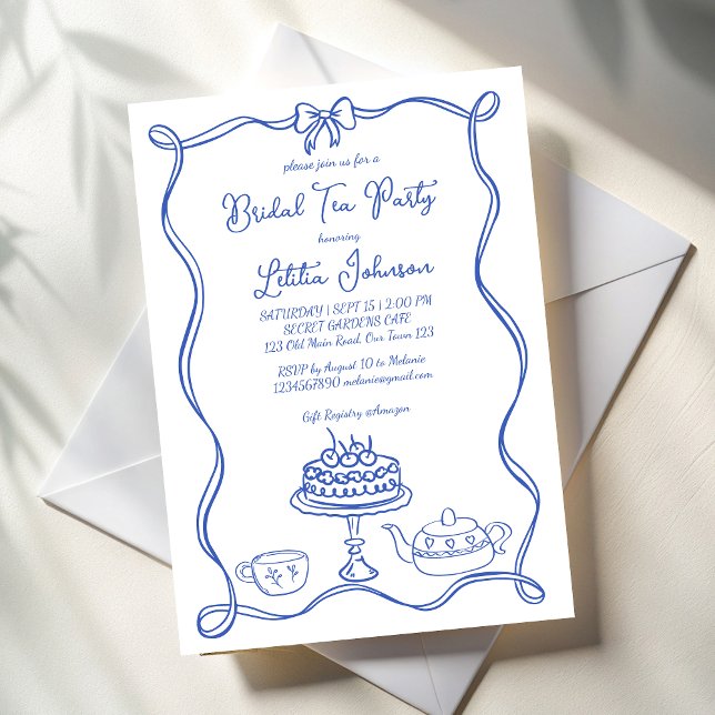 Whimsical hand drawn bow bridal tea party invitation (Whimsical hand drawn bridal tea party invitation template dusty blue ribbon bow border tea invites)