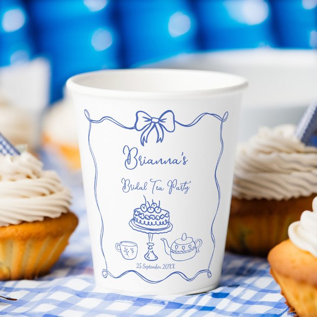 Whimsical hand drawn bow bridal tea party paper cups (Whimsical hand drawn bow bridal shower tea party monogrammed paper cups personalized party decor)