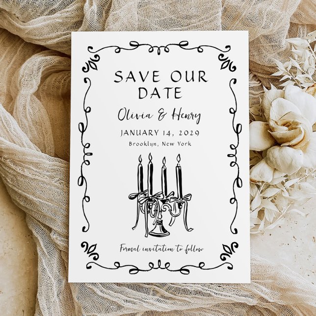 Whimsical Hand Drawn Bow Candelabra Save the Date Invitation (Creator Uploaded)