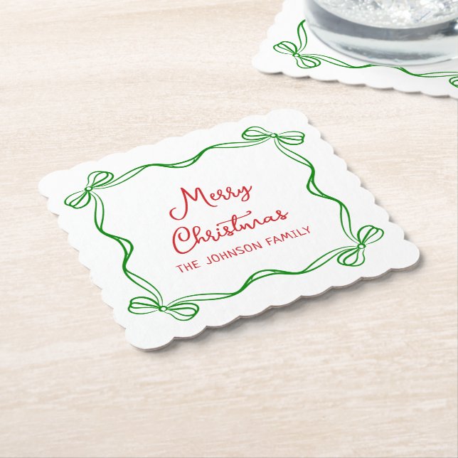 Whimsical Hand Drawn Bow Christmas Gift Paper Coaster (Angled)