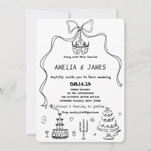 Whimsical Hand Drawn Bow Drawing Quirky Wedding Invitation