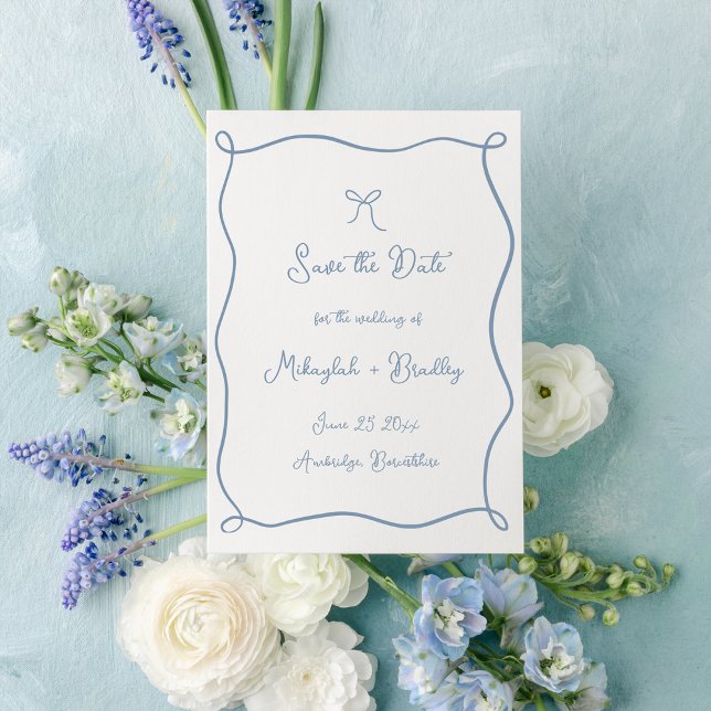 Whimsical Hand Drawn Bow Dusty Blue Wedding Save The Date (Creator Uploaded)
