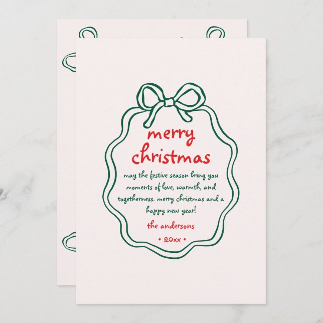 Whimsical Hand Drawn Bow Frame Christmas Photo Holiday Card (Front/Back)