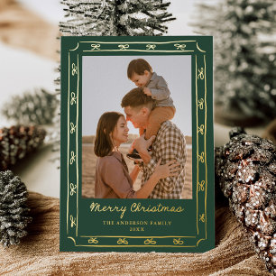 Whimsical Hand-Drawn Bow Frame Green 2 Photo Foil Holiday Card