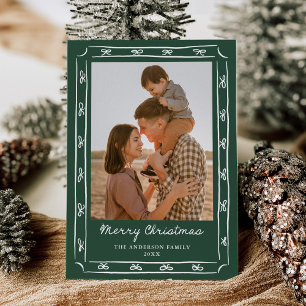 Whimsical Hand-Drawn Bow Frame Green 2 Photo Holiday Card