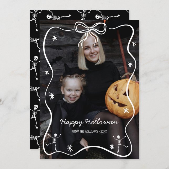 Whimsical Hand Drawn Bow Frame Halloween Photo Holiday Card (Front/Back)
