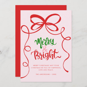 Whimsical Hand Drawn Bow Frame Merry & Bright Holiday Card