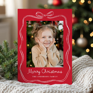 Whimsical Hand-Drawn Bow Frame Red 2 Photo Holiday Card