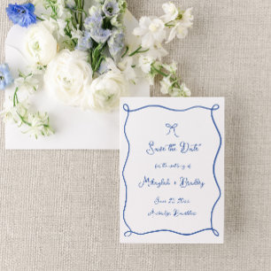 Whimsical Hand Drawn Bow French Blue Wedding Save The Date