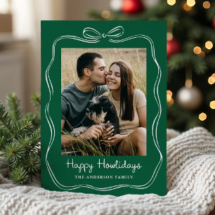 Whimsical Hand-Drawn Bow Green Happy Howlidays Holiday Card