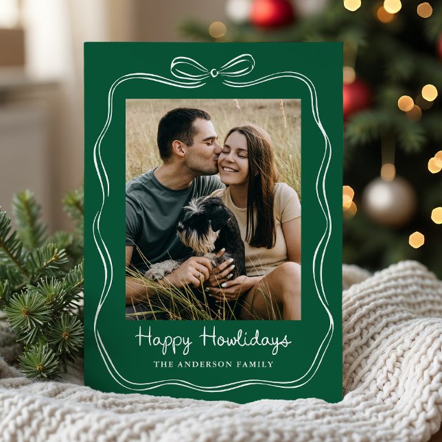Whimsical Hand-Drawn Bow Green Happy Howlidays Holiday Card (Creator Uploaded)