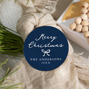 Whimsical Hand-Drawn Bow Navy Christmas Classic Round Sticker