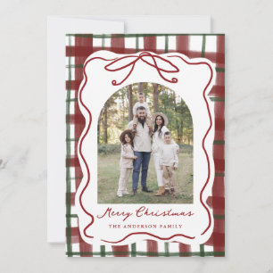 Whimsical Hand-Drawn Bow Plaid Christmas Photo Holiday Card