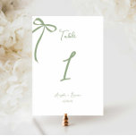 Whimsical Hand drawn Bow Sage Green Table Number<br><div class="desc">Celebrate your wedding in style with our whimsical hand drawn bow sage green wedding table number. This design features our original hand drawn bow illustration and hand written typography, a unique addition to your modern vintage inspired wedding or special events. All details in the invitation are editable including text, illustration,...</div>
