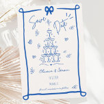 Whimsical Hand Drawn Bow Scribble Save the Date Invitation<br><div class="desc">This trendy hand drawn style illustrated save the date invitation features a scribble bow and champagne tower.  The whimsical and quirky design includes handwritten font and celebration doodles.  Cobalt blue and white for classic yet modern wedding stationary.</div>