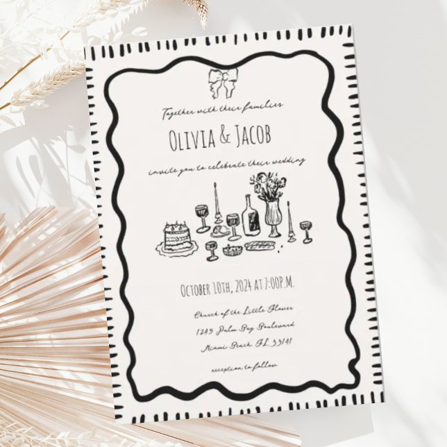 Whimsical Hand Drawn Bow Scribble Wavy Wedding Invitation (Creator Uploaded)