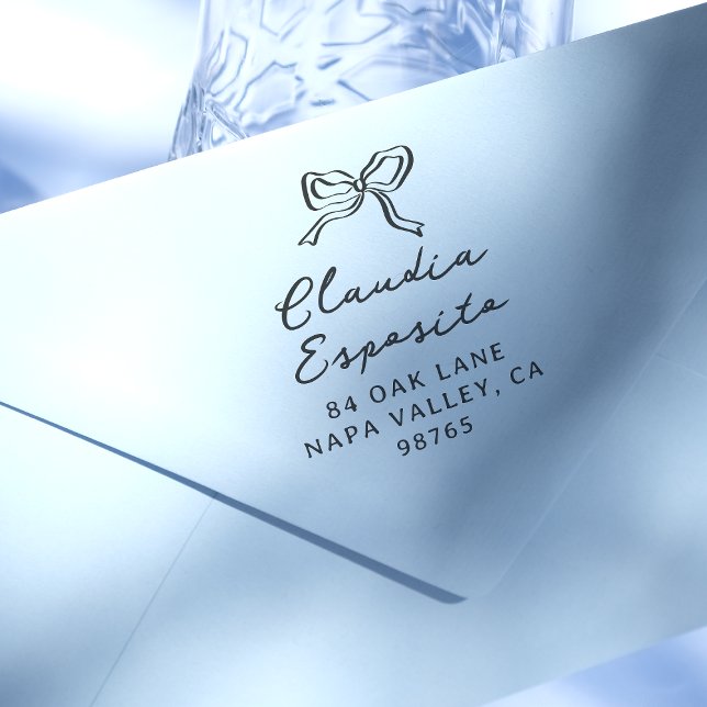 Whimsical Hand Drawn Bow & Script Name Address Self-inking Stamp (Rubber Stamp Mock-up)