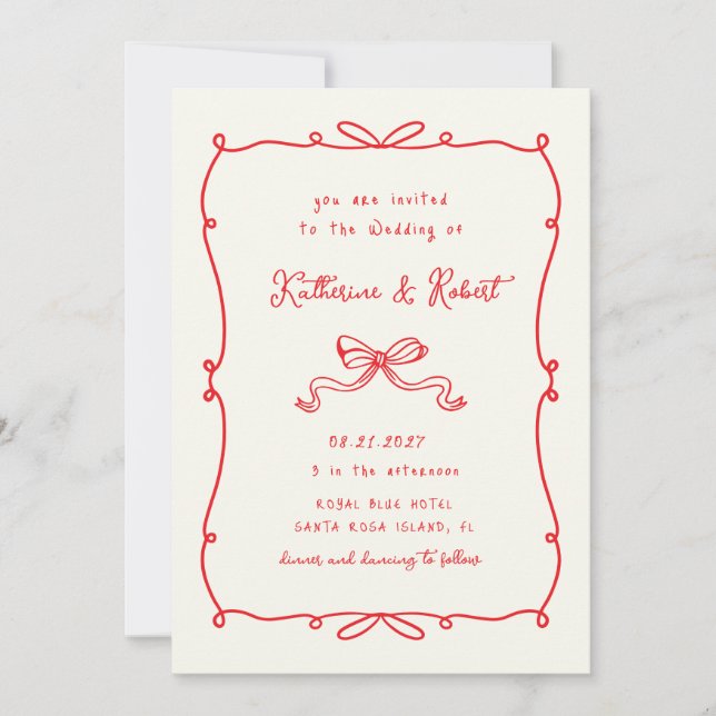 Whimsical Hand Drawn Bows Budget Wedding Invitation (Front)