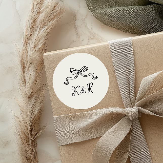 Whimsical Hand Drawn Bows Double Monogram Wedding Classic Round Sticker (Creator Uploaded)